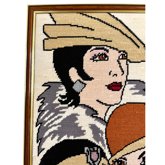 Framed Needlepoint Art Deco Vintage Flapper Lady Glam Embroidery 12" x 19" READ - Picture 6 of 17